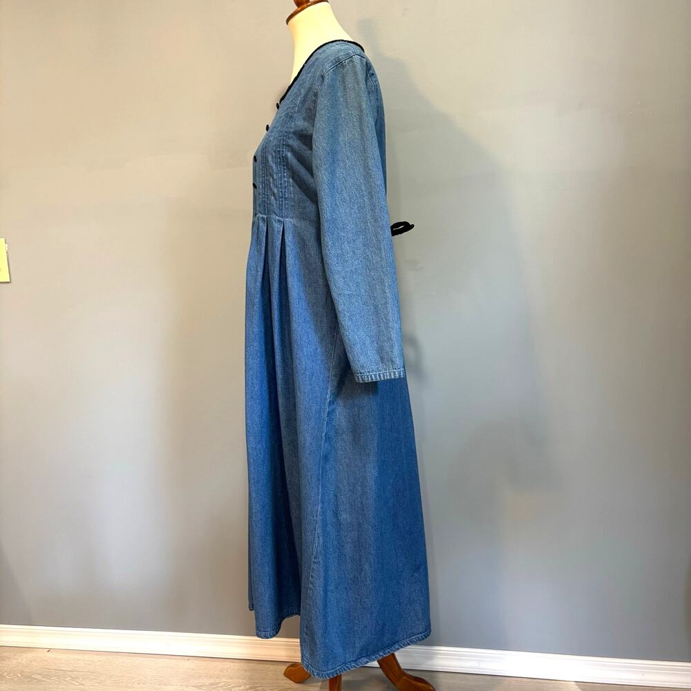 VTG Blue Denim Maxi Dress Long Sleeve Pleated Modest Farm Tradwife, Size 8 - Picture 5 of 7